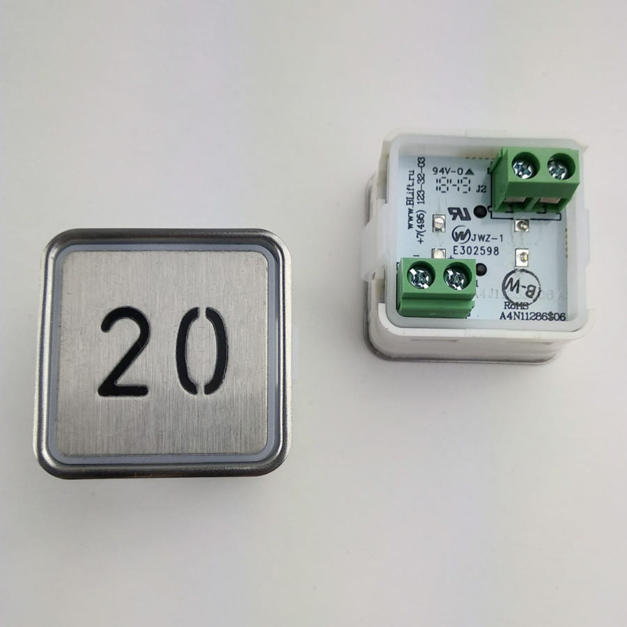Кнопка приказа «20» тип A4N11286, без Брайля, белая подсветка, разъем под 4 винта, ЩЛЗ